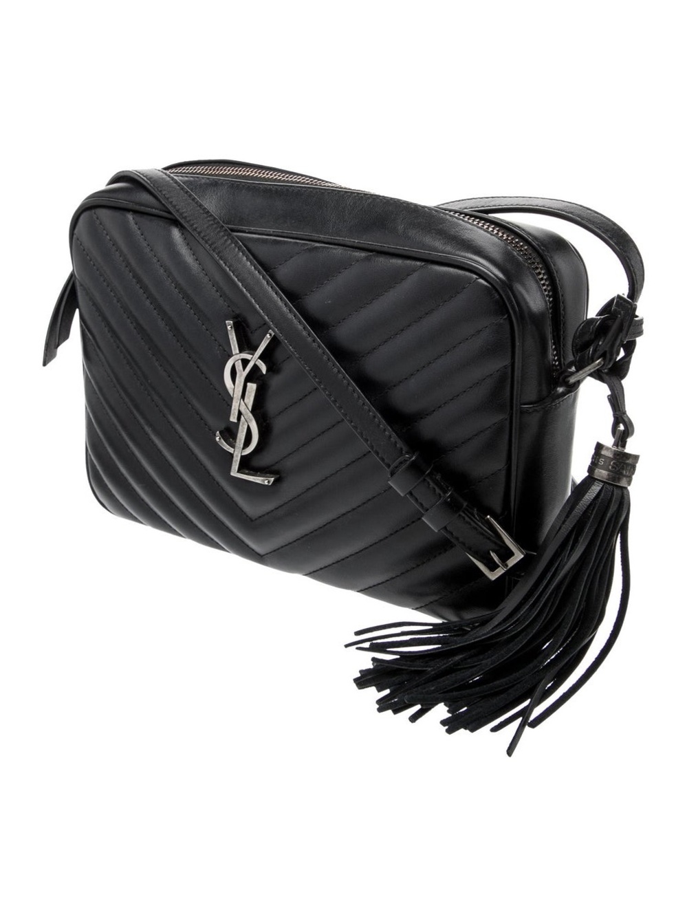 Saint Laurent Black Chevron Quilted Leather Crossbody Bag with Tassel silverlogo - Picture 2 of 16